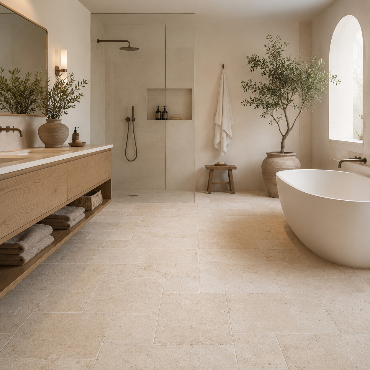 Badezimmer mit Travertinfliesen im Römischen Verband